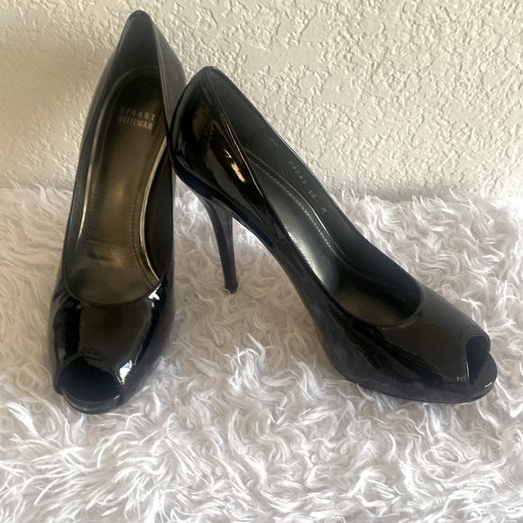 NEW-STUART WEITZMAN BLACK PATENT LEATHER PEEP TOE PUMP - Picture 4 of 9
